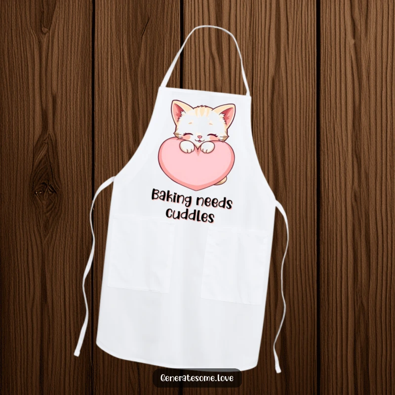 Funny happy kitten apron, snuggling a large soft heart cushion, cute kitchen accessory for cat moms.