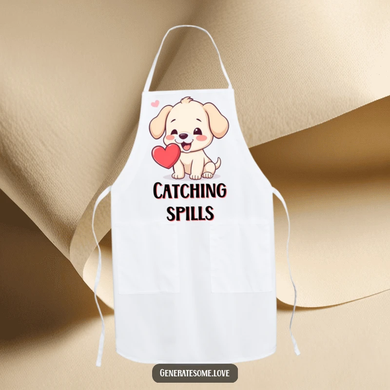 Funny apron depicting an excited puppy trying to catch a floating heart with its mouth, perfect for kitchen duties and a humorous feel.