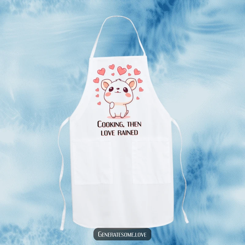 Funny apron showing a surprised animal character looking up as hearts rain down, perfect for adding humor to kitchen tasks.