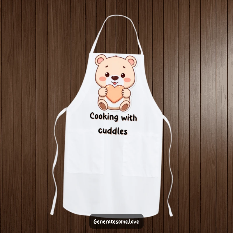 Funny cute bear apron smiling and offering a heart, ideal for cooking with love, a fun gift.