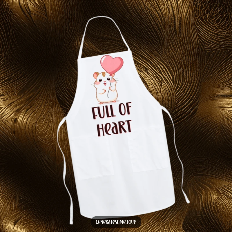 Funny chubby hamster character holding a heart balloon while cooking, adding humor and charm to this apron.