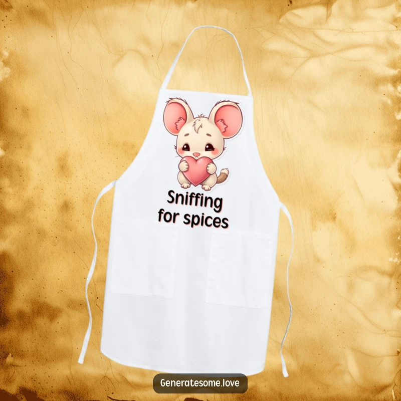 Funny Apron depicting a creature with big ears curiously sniffing a heart, perfect for exploring new recipes with joy.