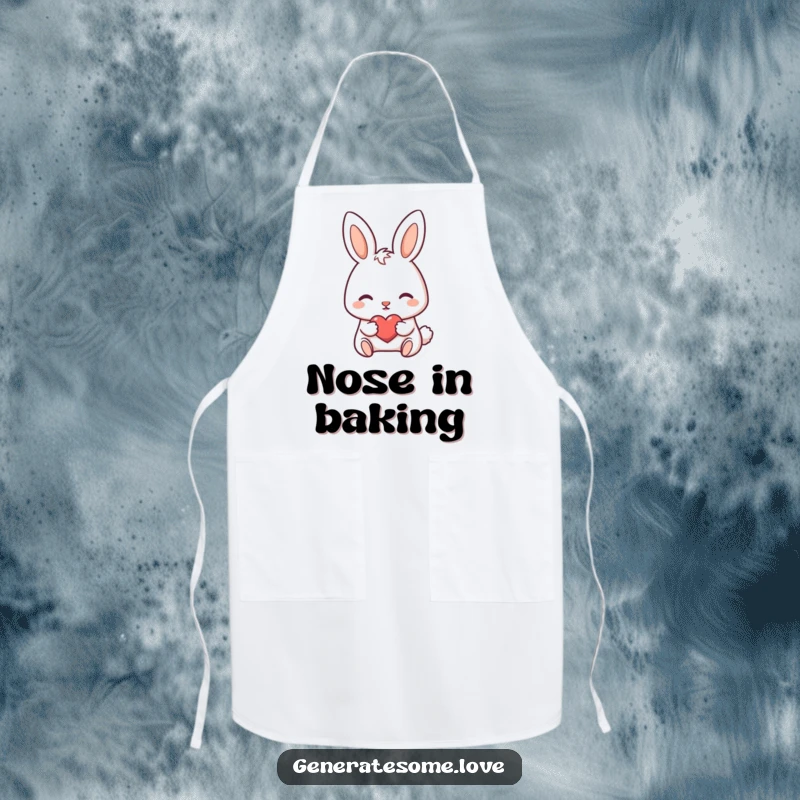Funny apron with a darling bunny character nudging a tiny heart forward, perfect for sweet kitchen moments.