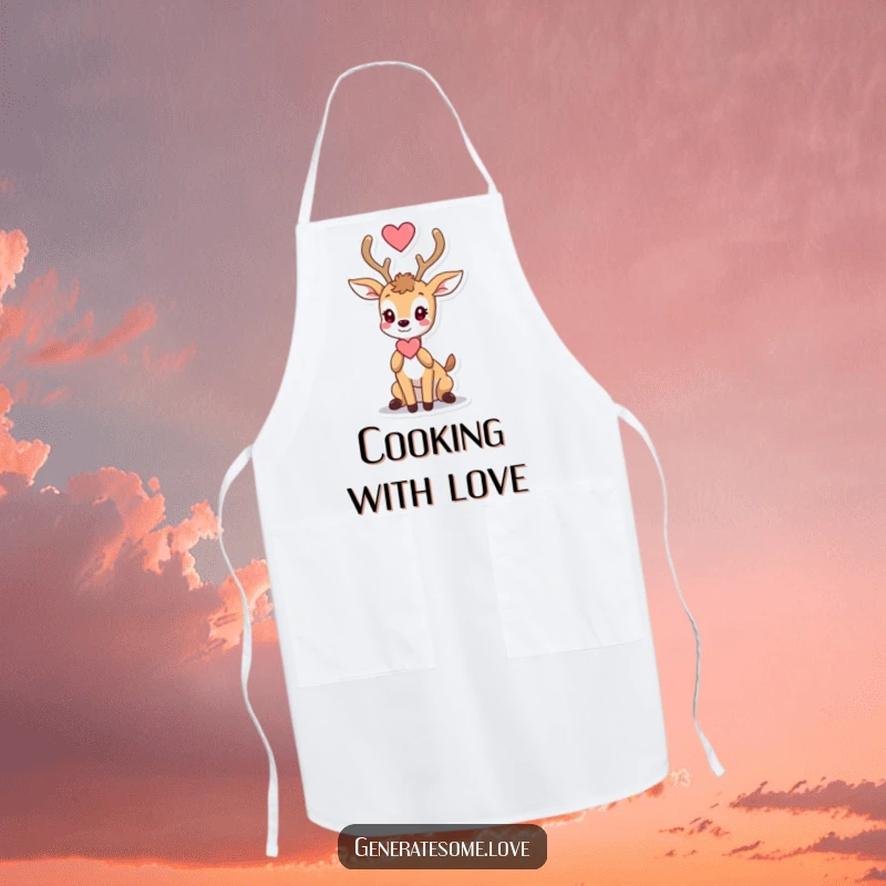 Funny kitchen apron with a graceful deer character offering a heart with its antlers, perfect for love-themed cooking.