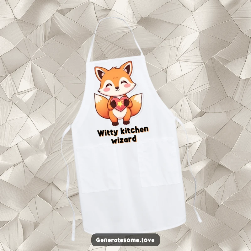 Funny fox apron gifting a sparkly heart with delight, ideal for kitchen magic, a cute gift.