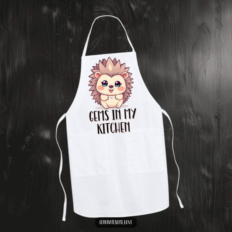 Funny happy hedgehog character offering a sparkling gem while you cook on this humorous and practical apron.