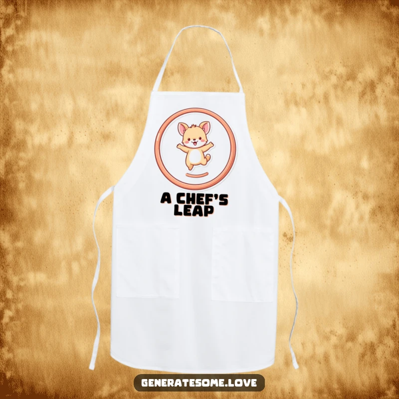 Funny tiny animal character leaping through a heart hoop, on a kitchen apron, adding playful charm and humor to cooking.