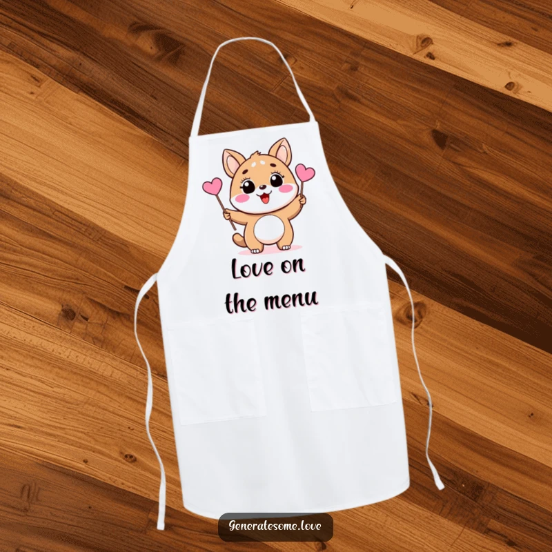 Funny apron with a happy animal character waving a pink heart flag, ideal for cooking and baking with love and cheer.