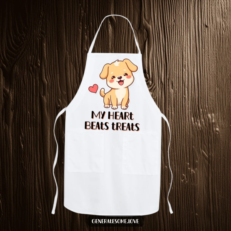 Funny Apron showing a happy dog wagging its tail next to a heart, great for cheerful baking and cooking.