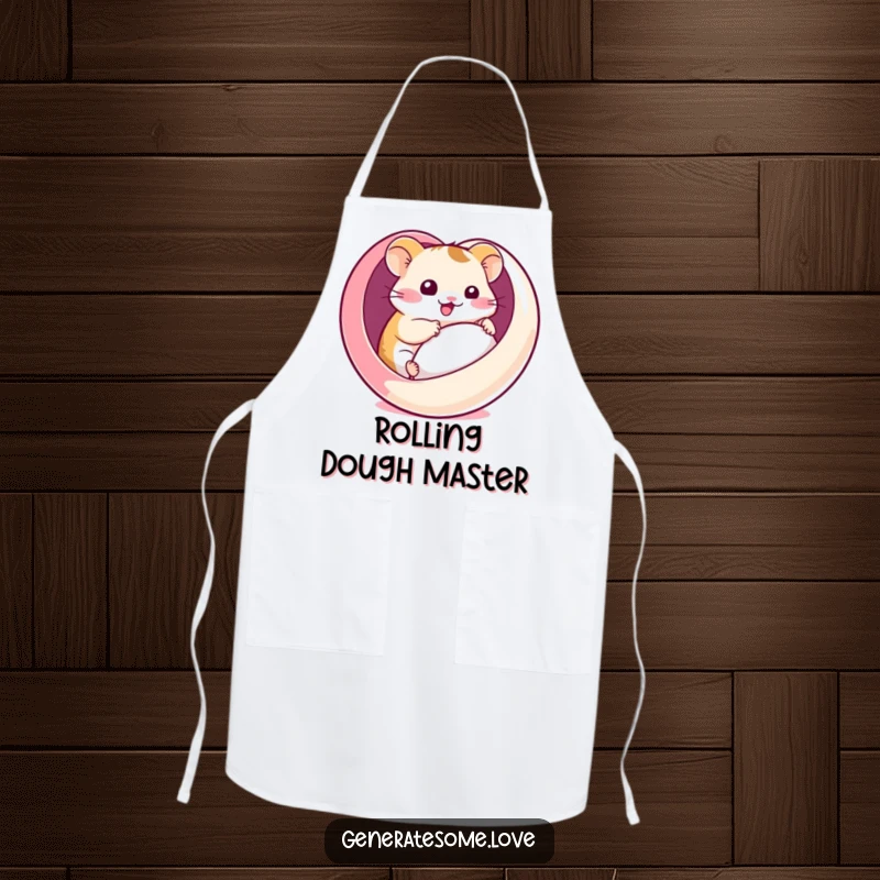 Funny apron with a kawaii hamster comically rolling inside a heart-shaped ball, adding charm and humor to kitchen activities.