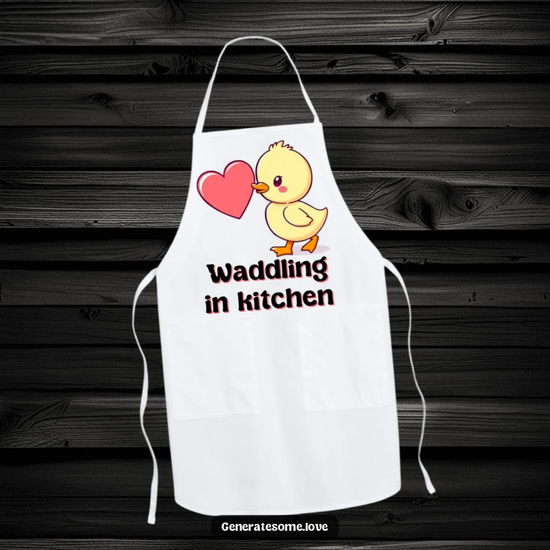 Funny apron with a kawaii duckling waddling towards a heart, adding charm and humor to kitchen activities.