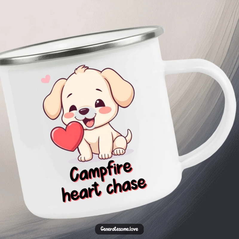 Funny camping mug showcasing an eager puppy trying to catch a heart, perfect for outdoor enthusiasts and dog lovers alike.