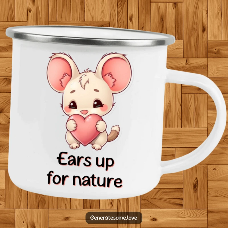 Funny Camping Mug with a creature and big ears curiously sniffing a heart, perfect for cheerful outdoor beverage enjoyment.