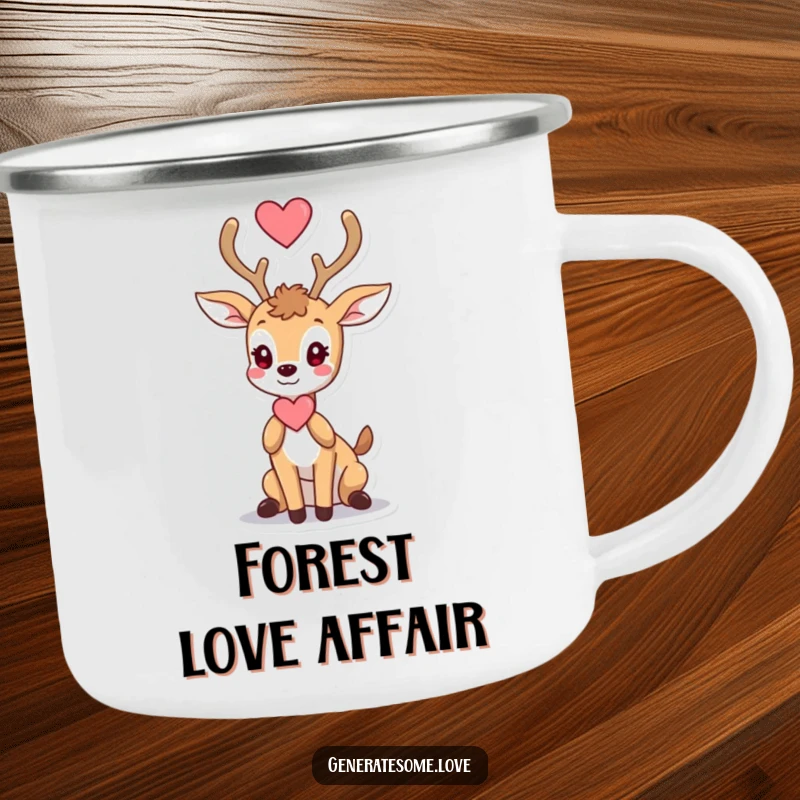 Funny enamel camping mug with a graceful deer character offering a heart with its antlers, for outdoor romance.