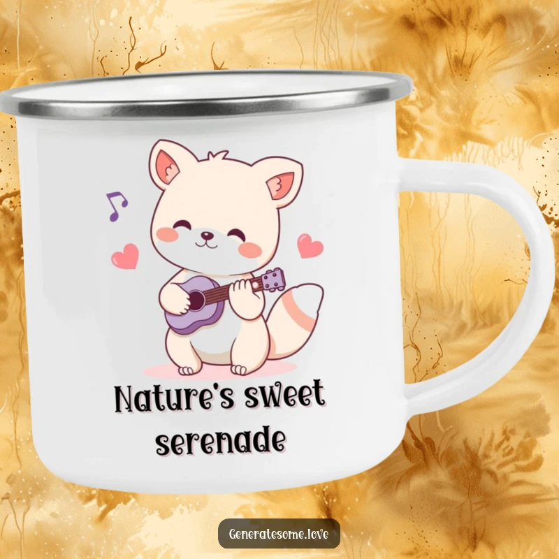 Funny camping mug with a charming animal musician character playing music amidst heart-shaped notes, perfect for musical outdoor enjoyment.