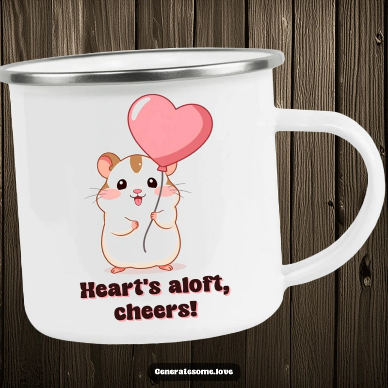 Funny chubby hamster character holding a heart balloon, perfect for outdoor adventures on a durable camping mug.