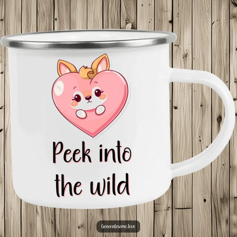 Funny camping mug with a curious animal character playfully peeking from behind a large heart, perfect for enjoying drinks with playful intrigue outdoors.