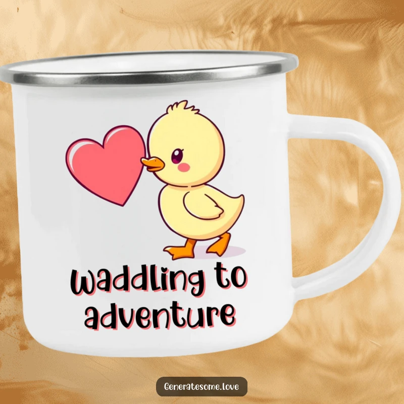 Funny camping mug with a kawaii duckling waddling towards a heart, perfect for outdoor use and celebrating the pursuit of love.