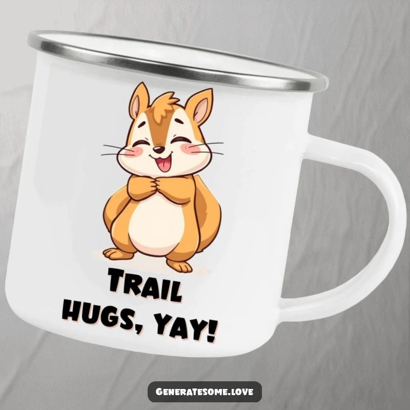 Funny energetic squirrel character giving a joyful hug on this durable camping mug, ideal for outdoor enthusiasts.