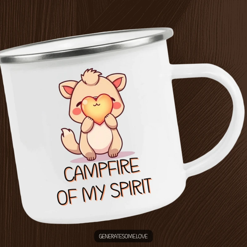 Funny camping mug with a hopeful animal character holding a glowing heart aloft, perfect for enjoying drinks with symbolic warmth outdoors.