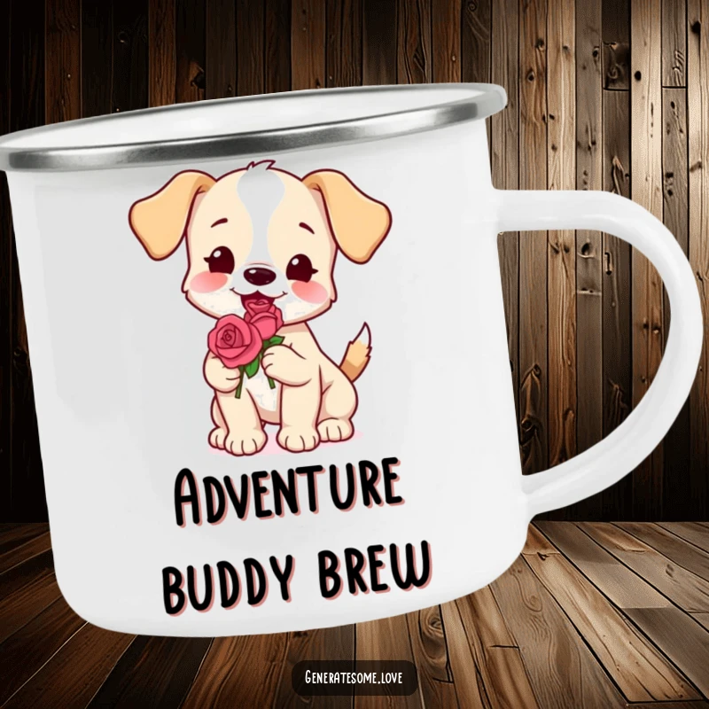 Funny puppy camping mug holding a rose, perfect for outdoor drinks, a cheerful and durable gift.