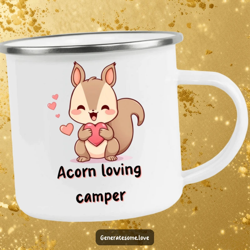 Funny camping mug with a kawaii squirrel happily chattering while holding a heart-shaped treat, perfect for outdoor use and spreading playful joy.