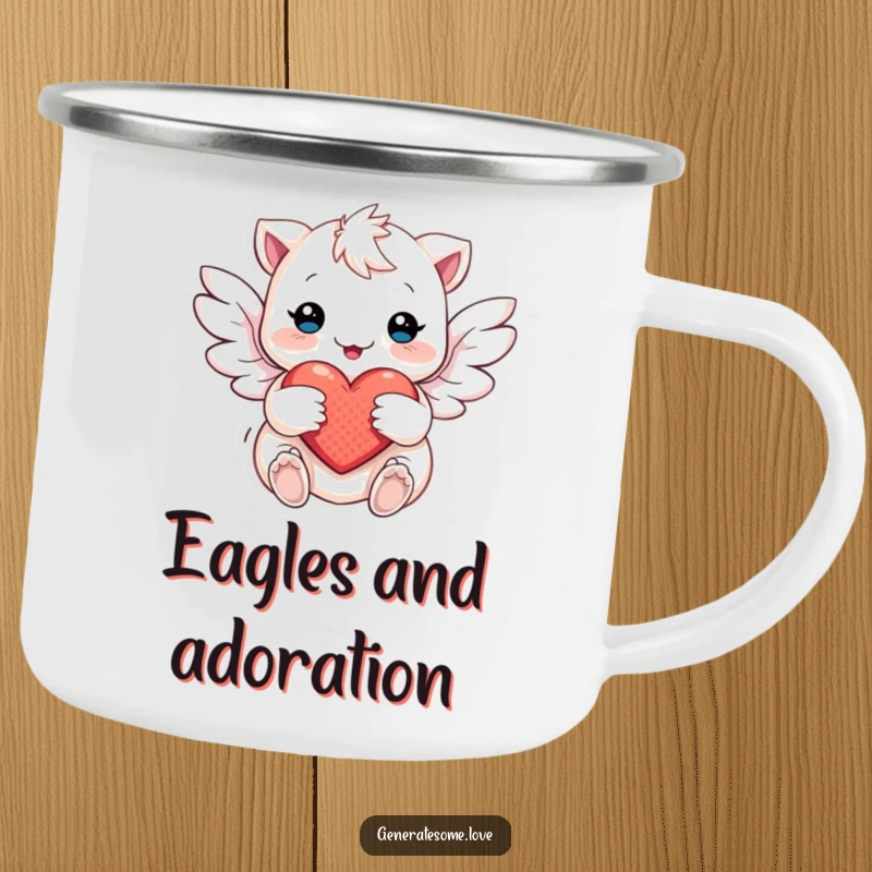 Funny Camping Mug with a creature and soft wings fluttering around a heart, perfect for cheerful outdoor beverage enjoyment.