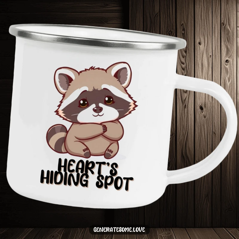 Funny curious raccoon peeking with playful curiosity from behind a heart on this durable camping mug for outdoor fun.