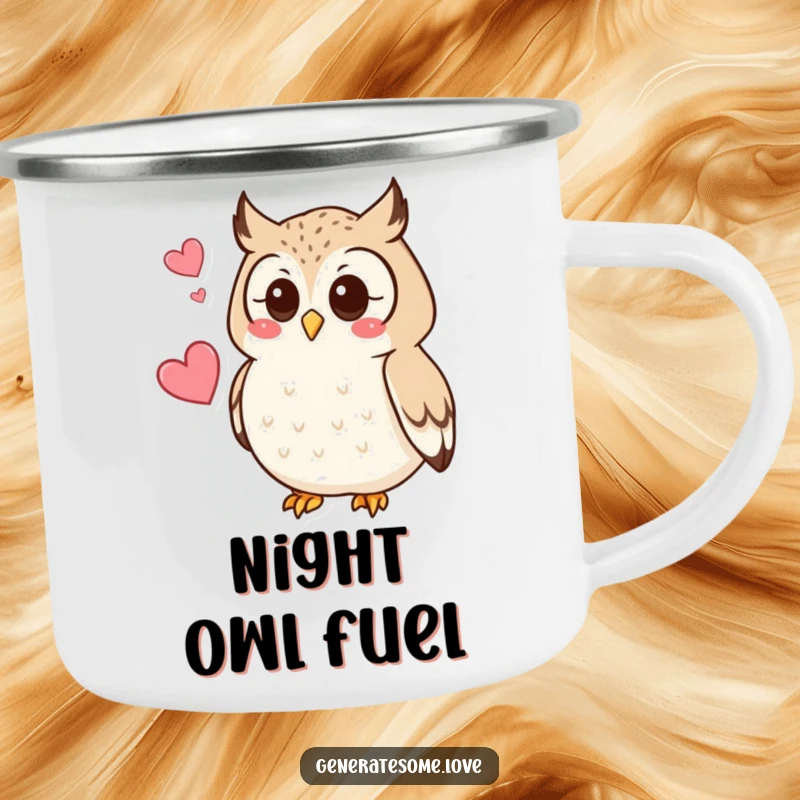 Funny enamel camping mug with a curious owl character hooting softly, a heart hovering nearby, for outdoor contemplation.