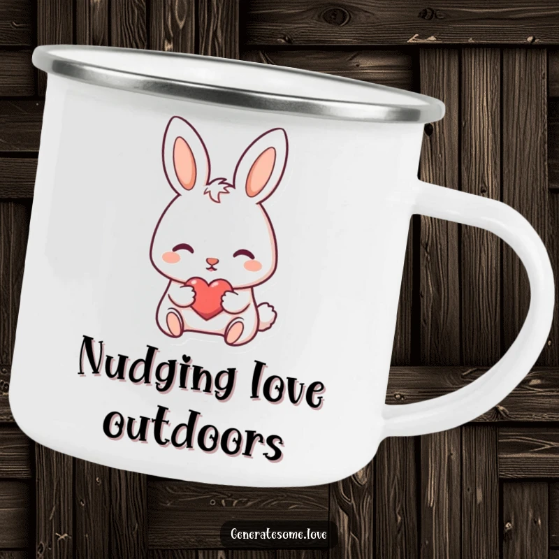 Funny camping mug featuring a darling bunny character nudging a tiny heart forward, perfect for outdoor sweetness.