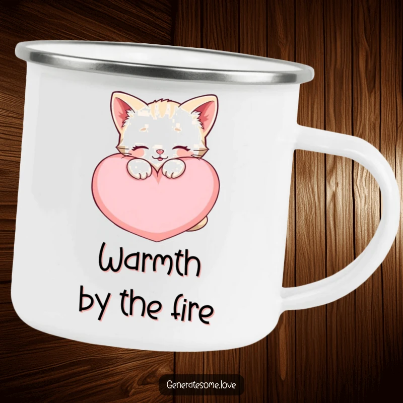 Funny happy kitten camping mug, snuggling a large soft heart cushion, durable and cozy outdoor drinkware.