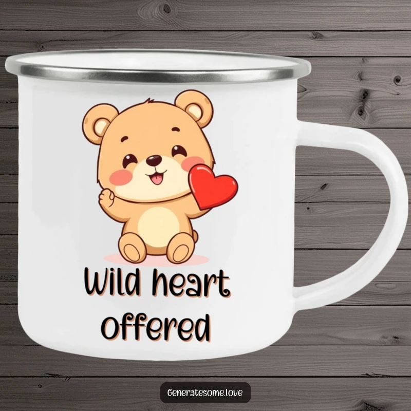 Funny camping mug featuring a cheerful bear cub offering a bright red heart, perfect for outdoor warmth.