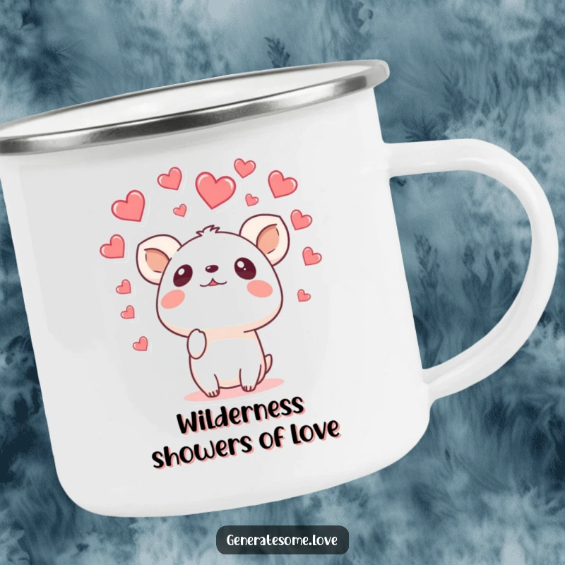 Funny camping mug with a surprised animal character looking up as hearts rain down, perfect for enjoying drinks with humorous surprise outdoors.