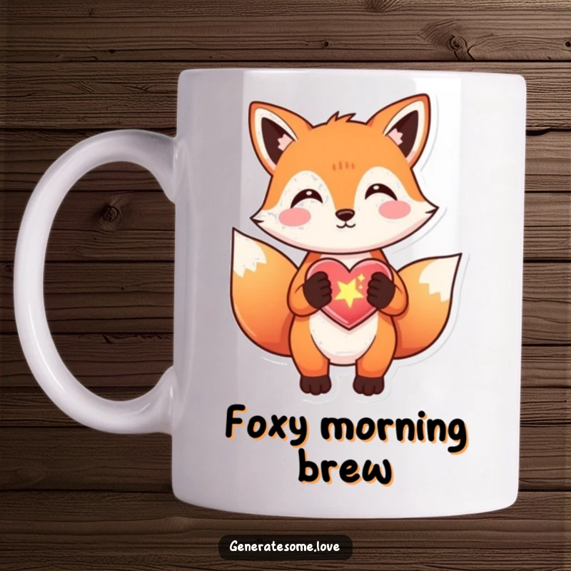 Funny fox mug presenting a sparkly heart with a look of pure delight, conveying charm and joy, a great gift.