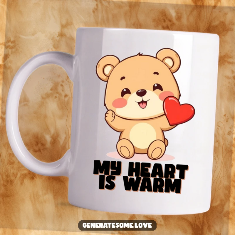 Funny mug featuring a cheerful bear cub excitedly offering a bright red heart, symbolizing love and kindness.