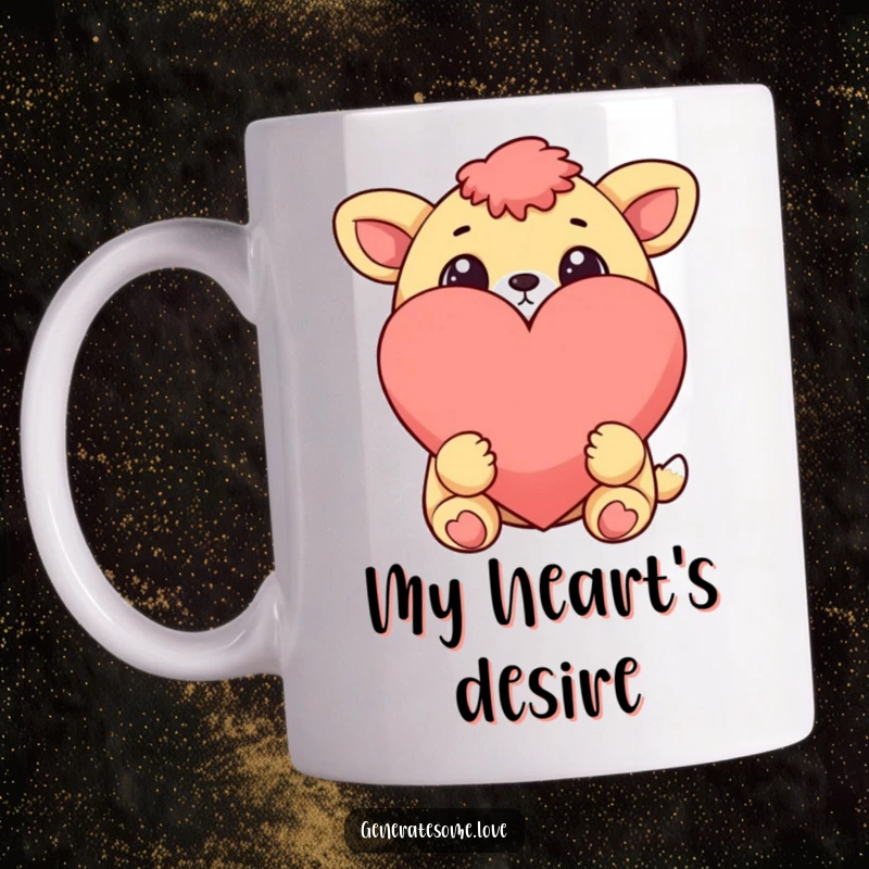 Funny cheerful animal character with wide eyes looking adoringly at a large red heart, on a ceramic mug, expressing affection.
