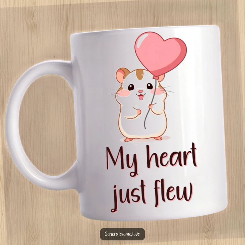 Funny chubby hamster character joyfully holding a red heart balloon aloft, symbolizing love and happiness on a ceramic mug.