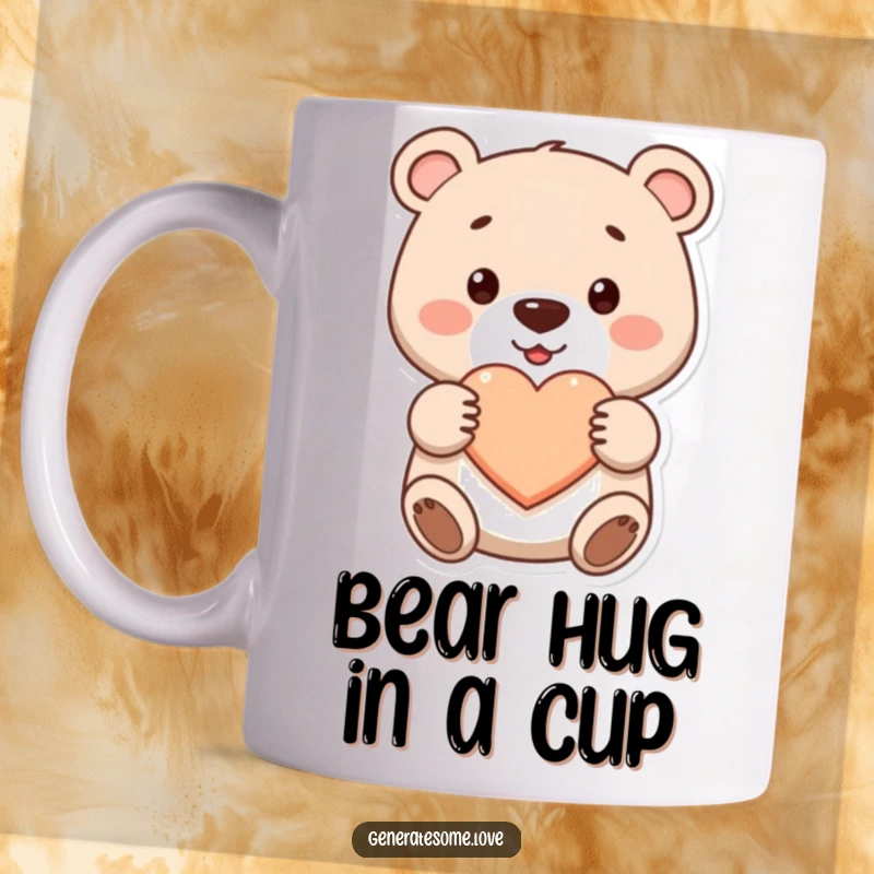 Funny cute bear mug holding a red heart with a big smile, conveying love and happiness, perfect gift.