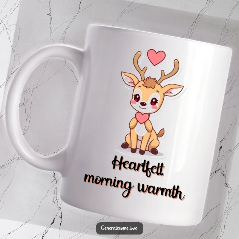Funny mug with a small, graceful deer character offering a heart with its majestic antlers, symbolizing love.