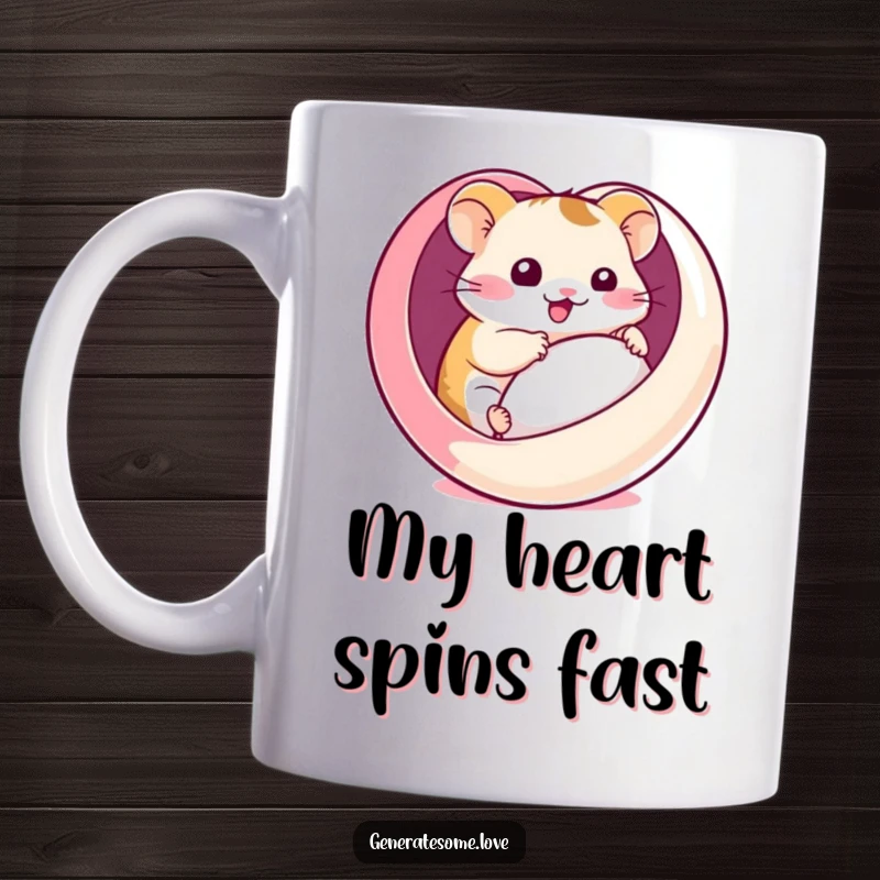 Funny mug featuring a kawaii hamster character comically rolling inside a large red heart-shaped ball, expressing pure joy and silliness.