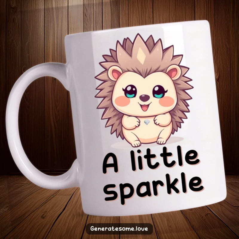 Funny happy hedgehog character gently offering a small, sparkling gem with a bright smile on a ceramic mug.