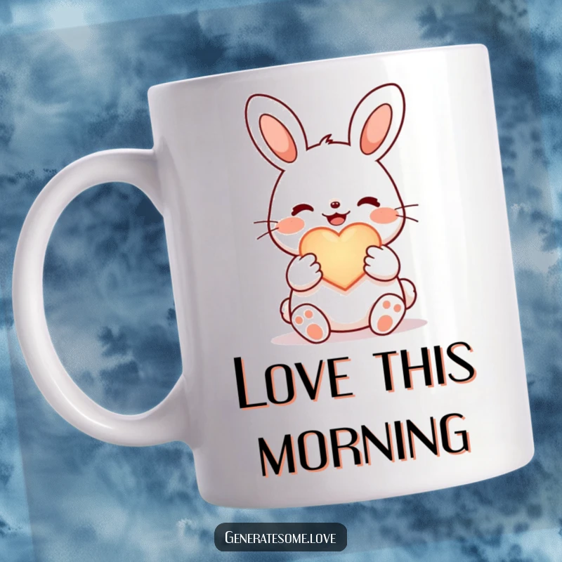 Funny joyful bunny character holding a glowing heart symbol, radiating warmth and affection.