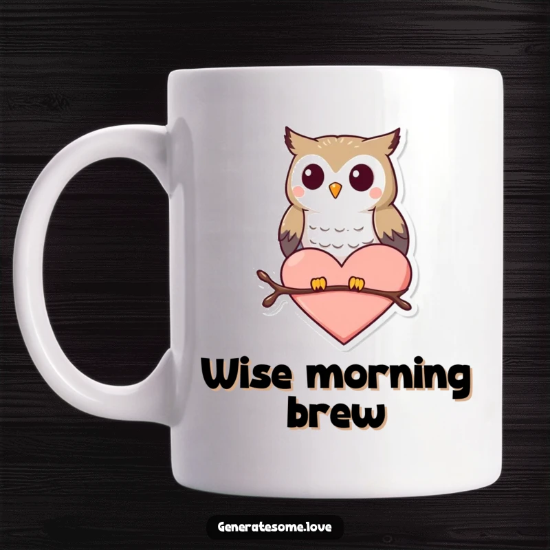 Funny mug features a small, happy owl character perched contentedly atop a red heart shape.