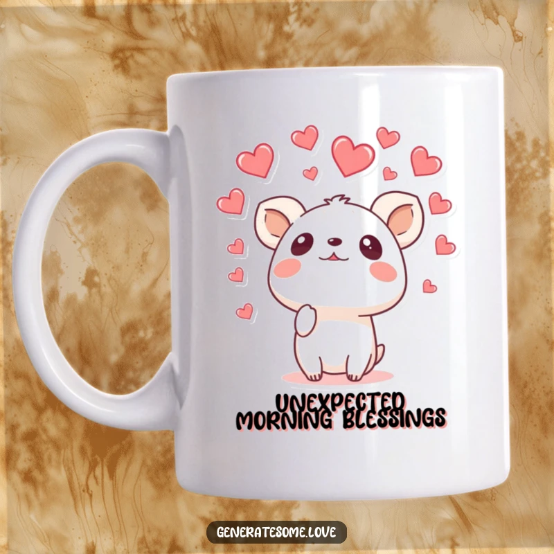 Funny mug showing a surprised animal character looking up in awe as a cascade of colorful hearts rains down from the sky.