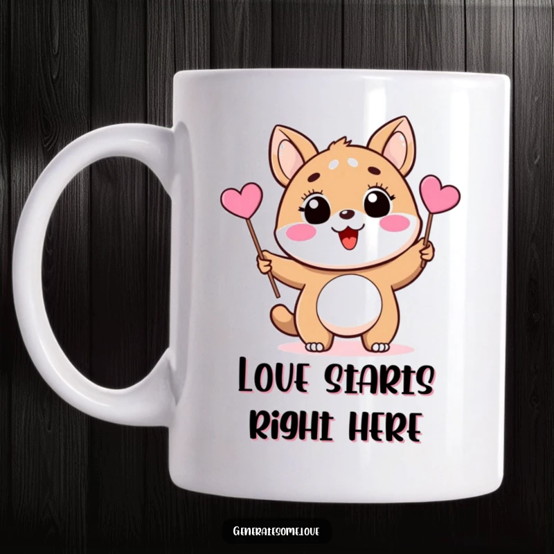 Funny mug featuring a delighted animal character enthusiastically waving a small, pink heart flag, symbolizing love and happiness.