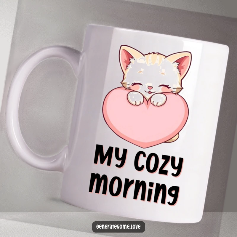 Funny happy kitten character snuggling a large, soft heart cushion, embodying comfort and affection.