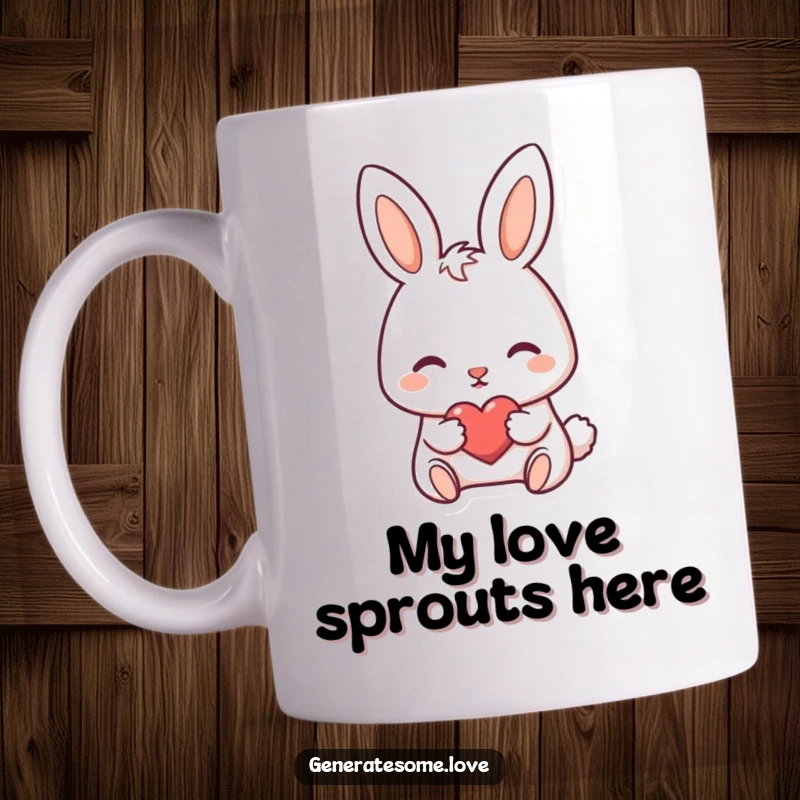 Funny mug featuring a darling bunny character nudging a tiny heart forward with its nose, symbolizing affection.