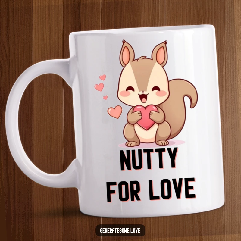 Funny mug featuring a kawaii squirrel character happily chattering while holding a heart-shaped treat, expressing pure joy and delight.