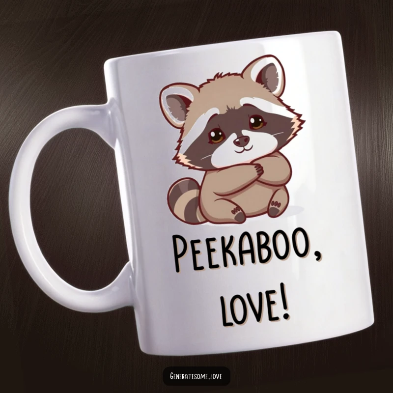Funny curious raccoon peeking from behind a red heart, with mischievous eyes, on a coffee mug.