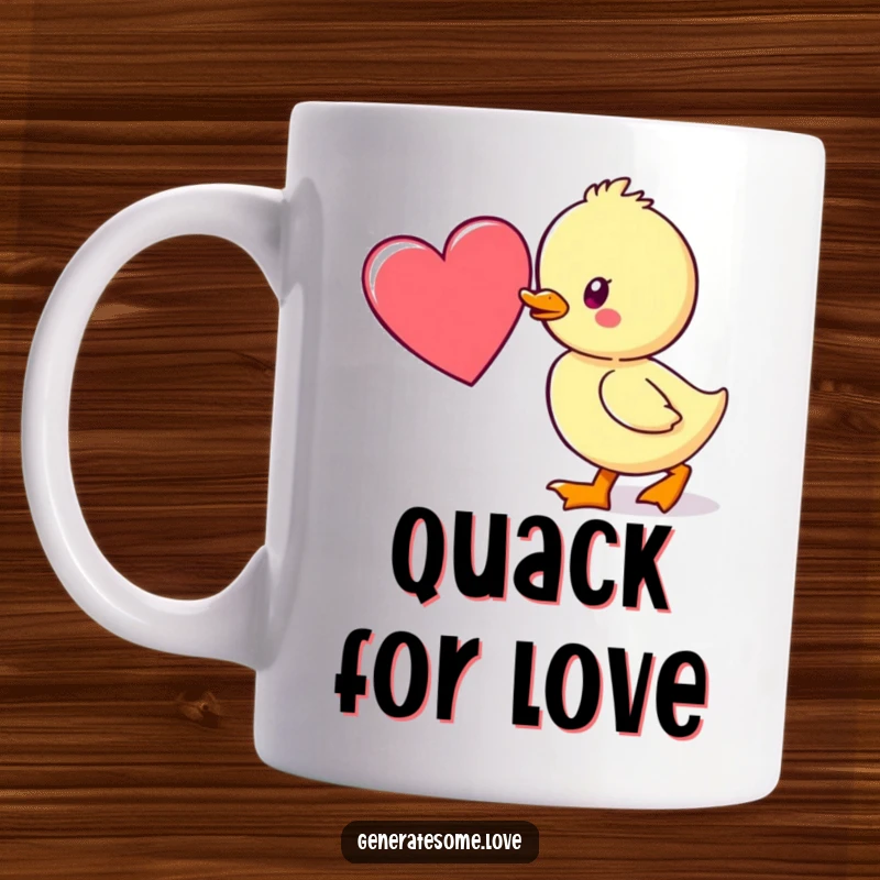 Funny mug featuring a kawaii duckling character waddling with determination towards a large red heart, expressing affection and pursuit.